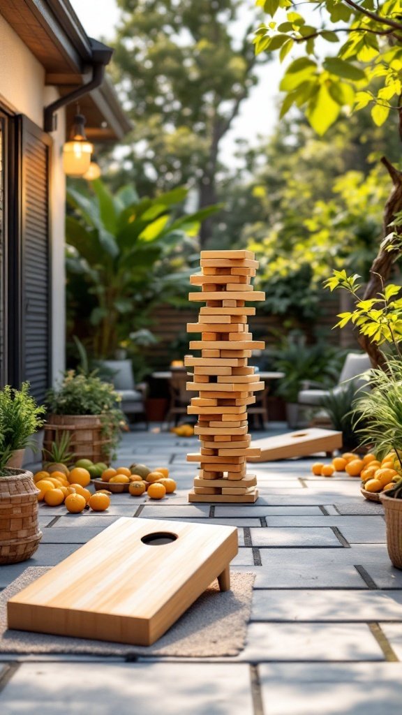 Patio with a giant Jenga tower and cornhole boards surrounded by oranges and plants.