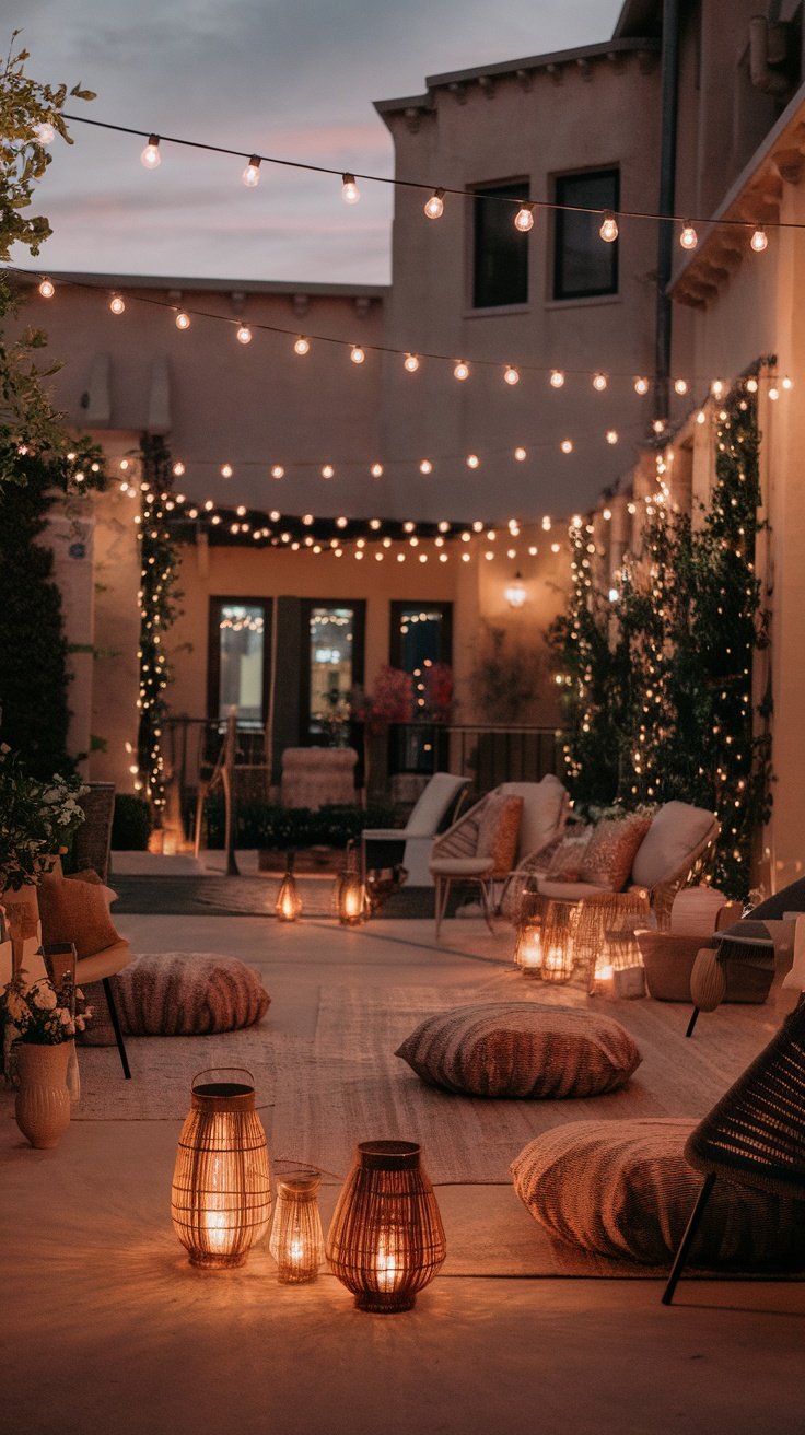 A cozy boho patio with string lights and lanterns creating a warm ambiance.