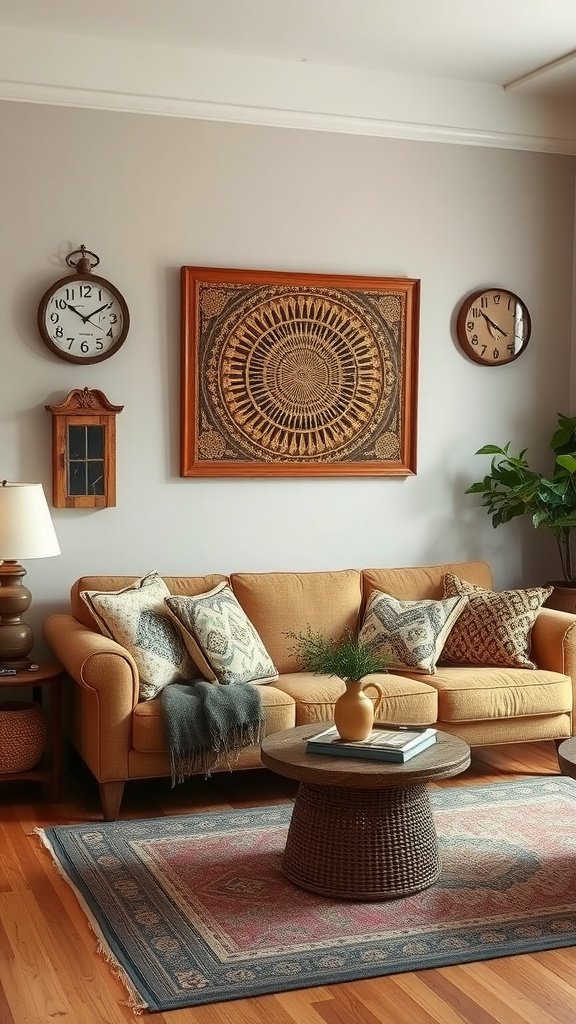 A cozy living room featuring an oversized wall clock above a light-colored sofa with decorative pillows.