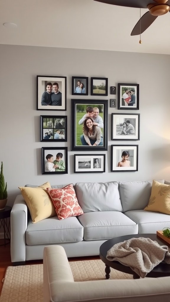 A cozy living room featuring a collage of framed personal photos on the wall above a light-colored sofa.