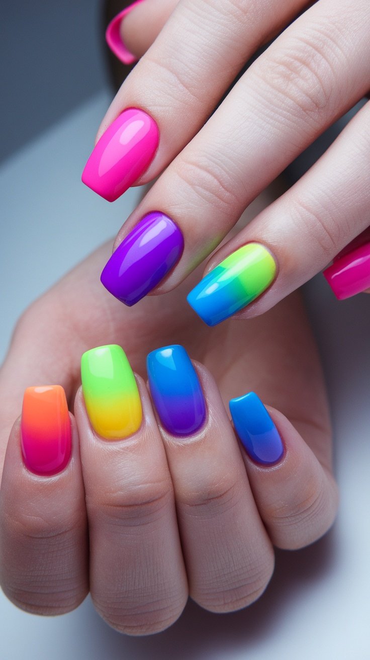 Colorful rainbow nail art featuring a variety of vibrant shades.