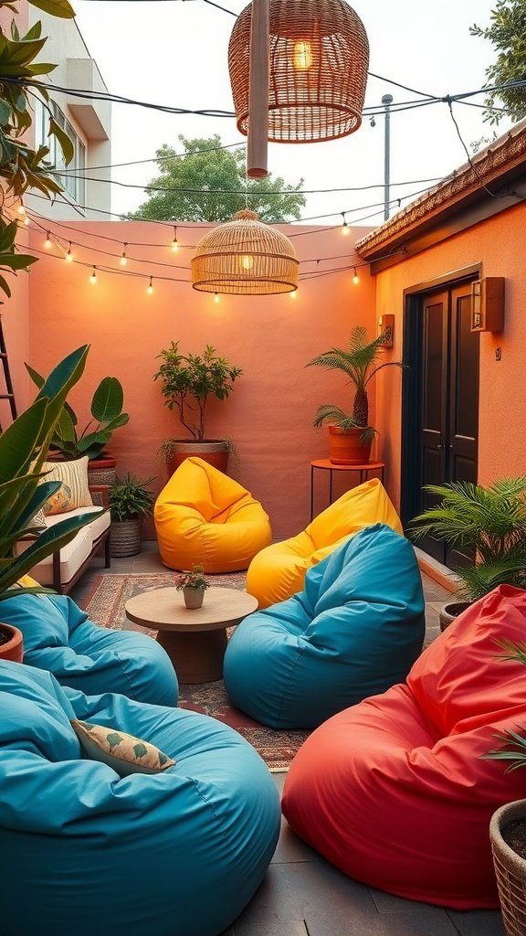 A cozy backyard patio featuring oversized bean bags, surrounded by plants and a wooden pergola.