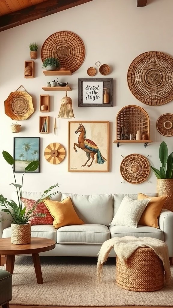 A cozy living room with rustic wooden wall decor and a light-colored couch.