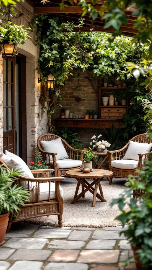 A cozy patio featuring rustic wooden furniture with plants and soft cushions.