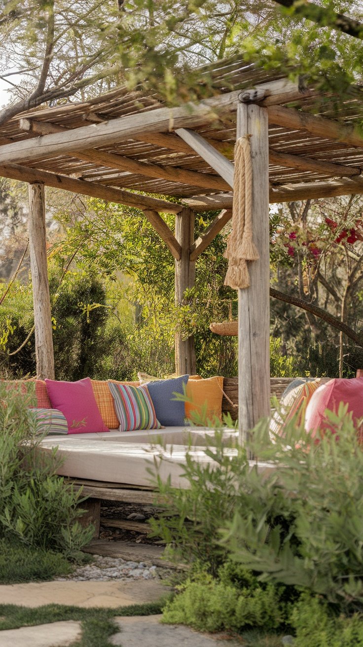 A rustic wooden pergola with plush, colorful seating and surrounding greenery.