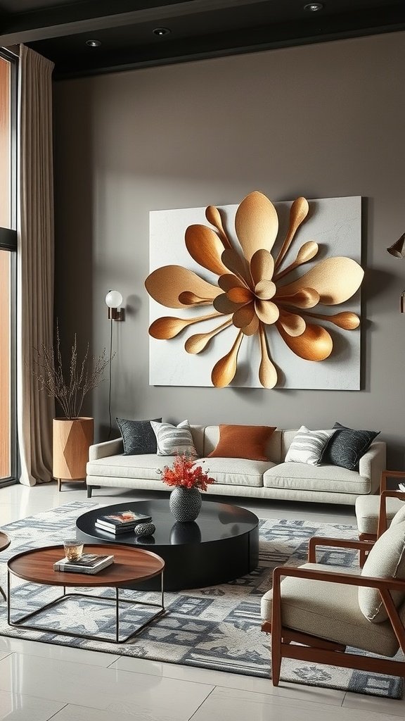 A living room with sculptural wall art made of 3D letters arranged playfully on a wall.