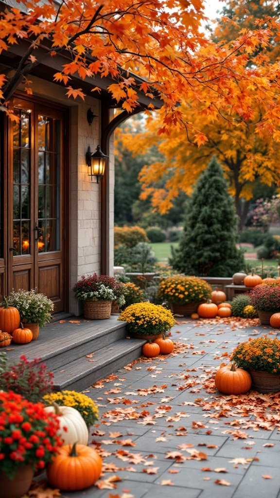 A cozy fall patio decorated with pumpkins, chrysanthemums, and autumn leaves.