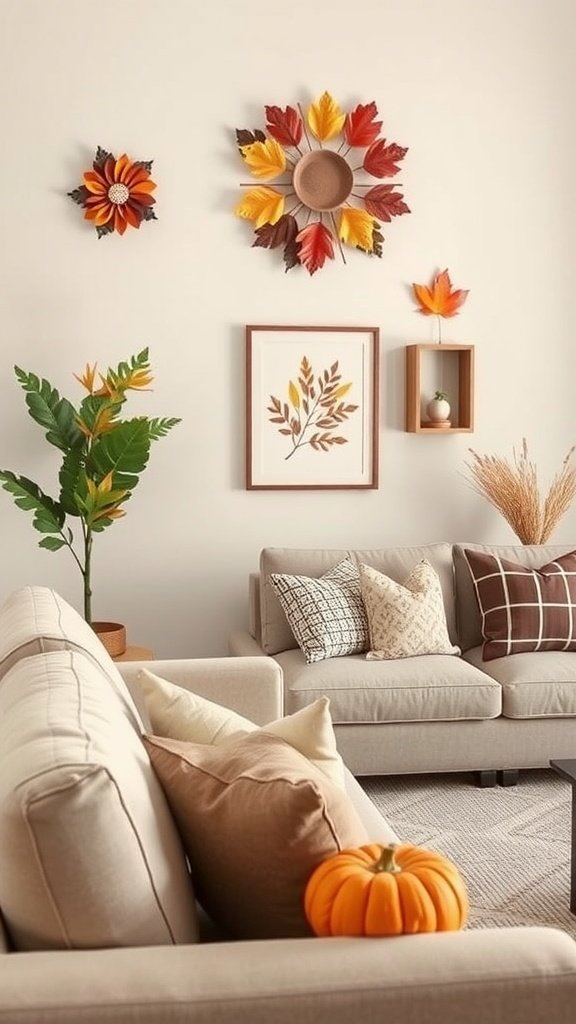 A cozy living room with autumn-themed wall decor, including framed leaves and seasonal art.