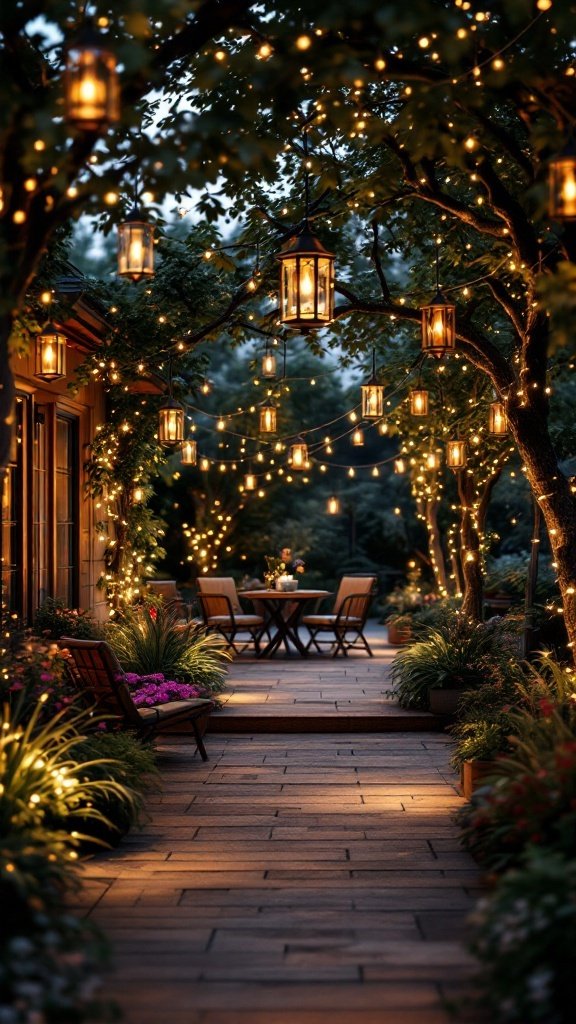 A beautifully lit outdoor patio with string lights and hanging lanterns.