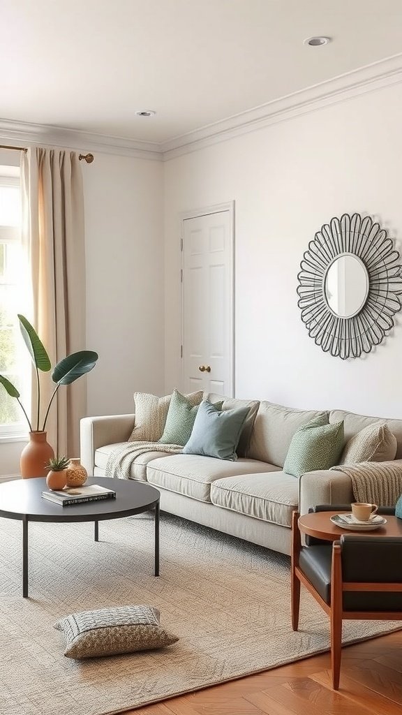 A cozy living room featuring neutral tones with a light-colored sofa, a round coffee table, and soft decor elements.