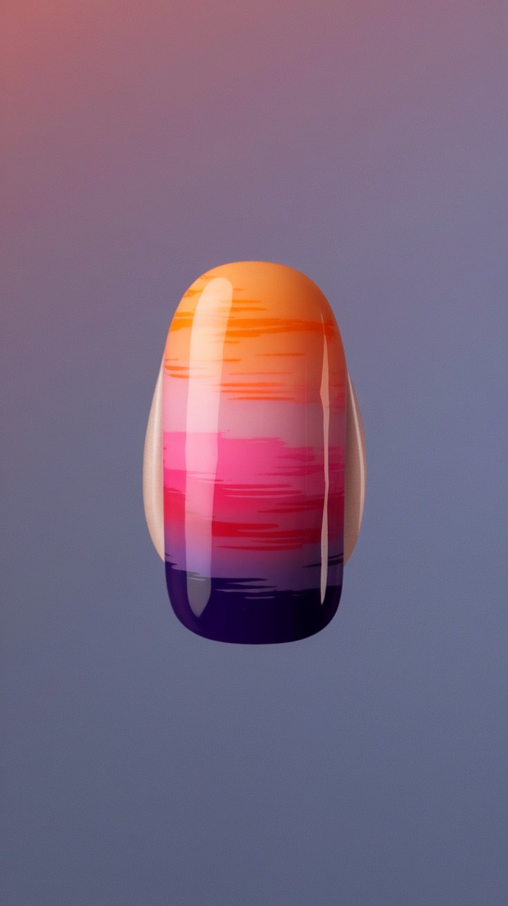 Nail art featuring sunset-inspired colors in a gradient design.