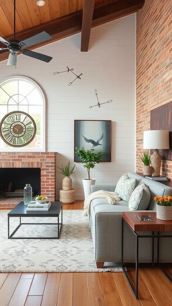 Living room with textured white brick wall, wooden accents, and cozy furniture.