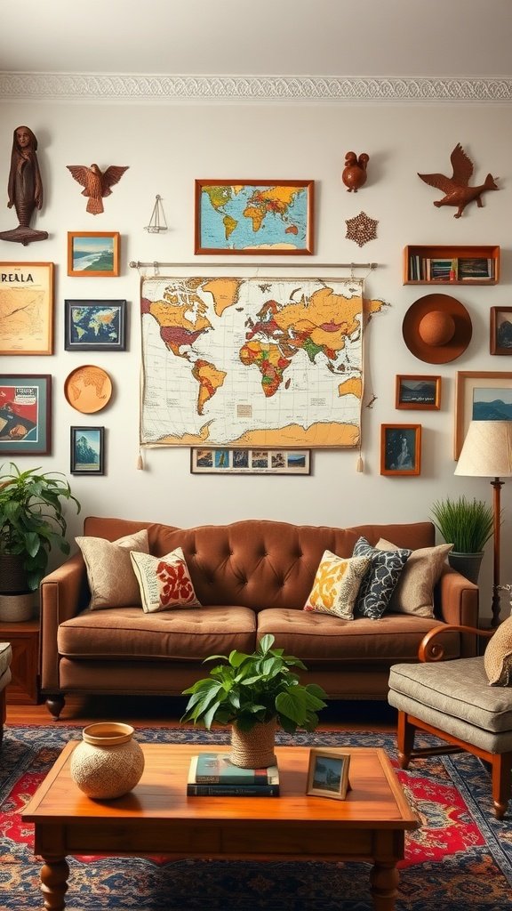 A beautifully decorated living room featuring a travel-themed wall with a world map and travel memorabilia.