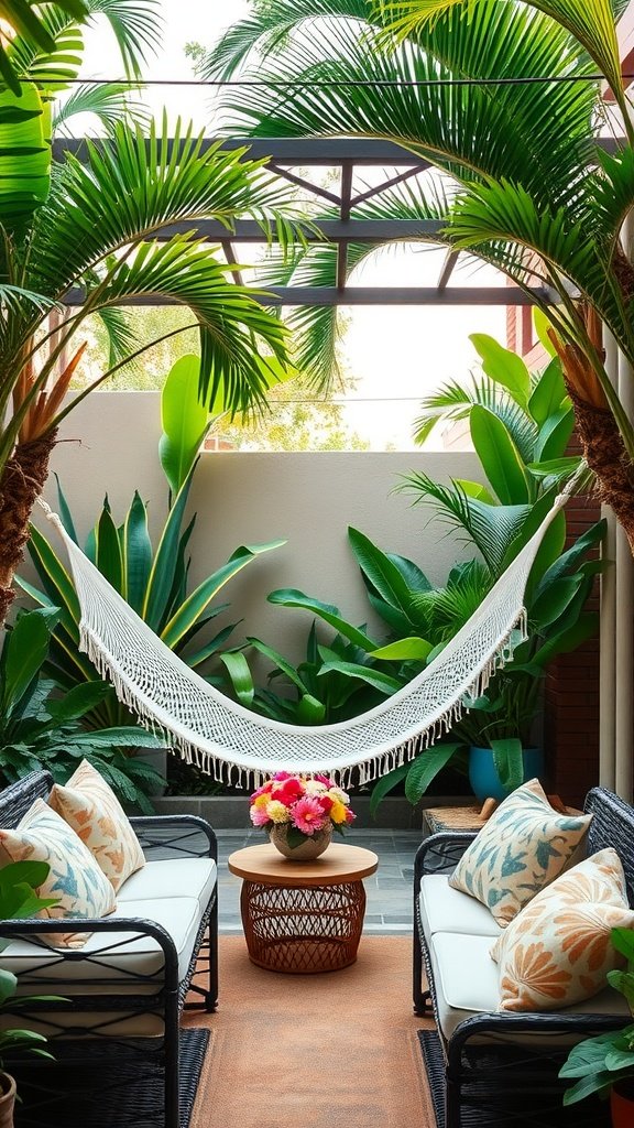 Cozy backyard patio with palm trees, hammock, and comfortable seating.