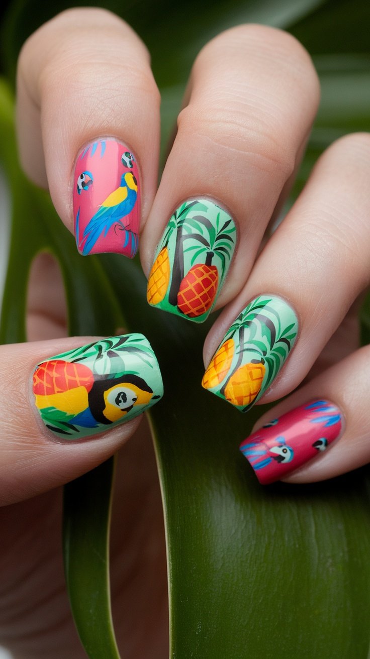 A close-up of colorful tropical print nails featuring palm trees, pineapples, and birds.