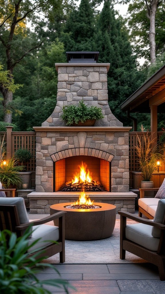 Outdoor patio featuring a unique stone fireplace with fire and comfortable seating.