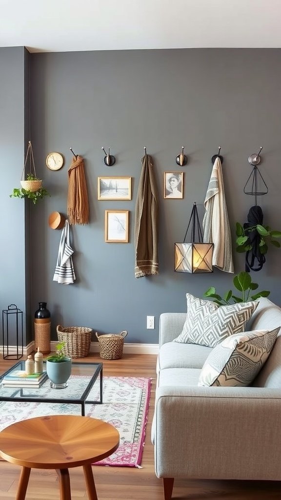 A living room with unique wall hooks and hangers displaying bags and accessories.