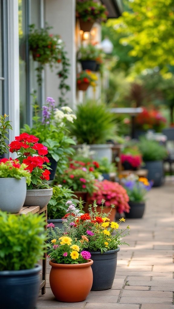 A variety of vibrant potted plants arranged on a patio