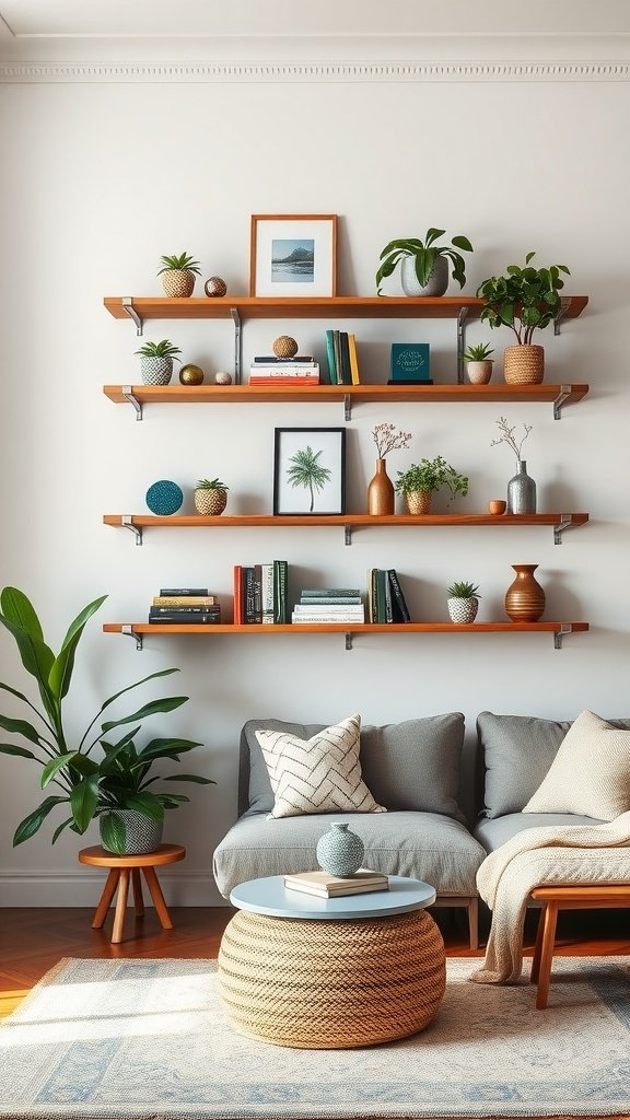 A living room with wooden wall shelves displaying plants, books, and decorative items.