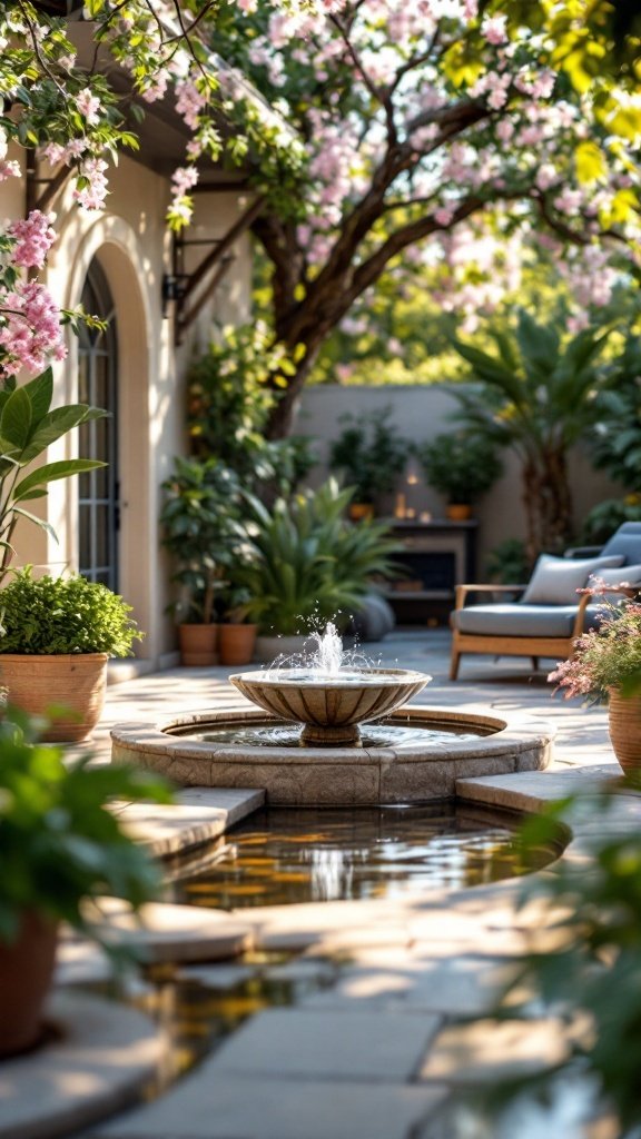 A serene patio with a beautiful fountain surrounded by greenery and flowers