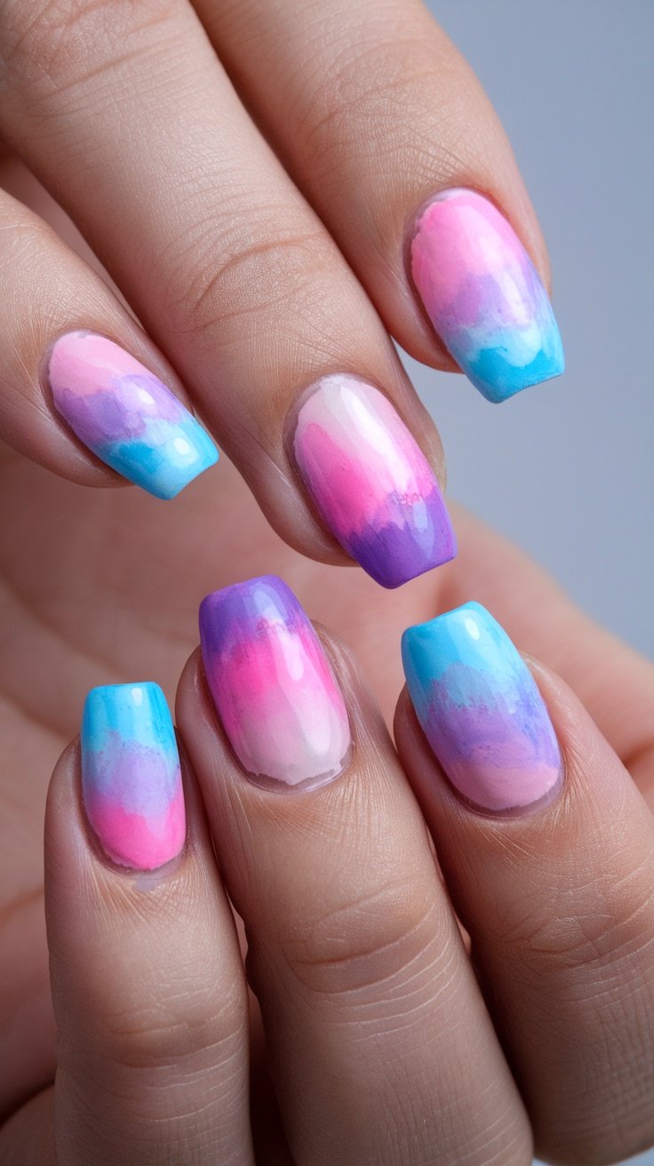 Close-up of colorful watercolor effect nails with pink, blue, and purple shades.