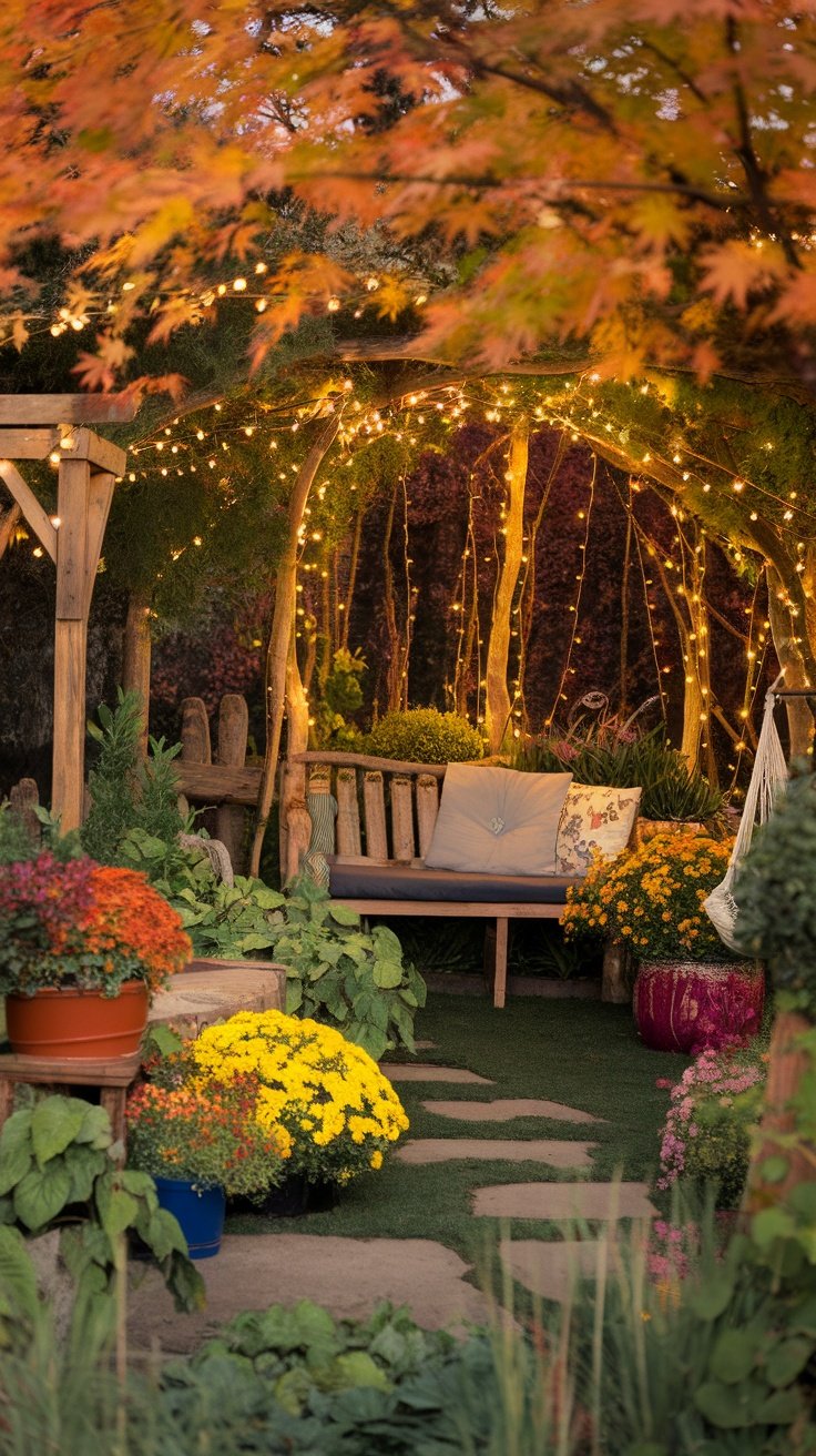 Cozy garden retreat with fairy lights, flowers, and a wooden bench