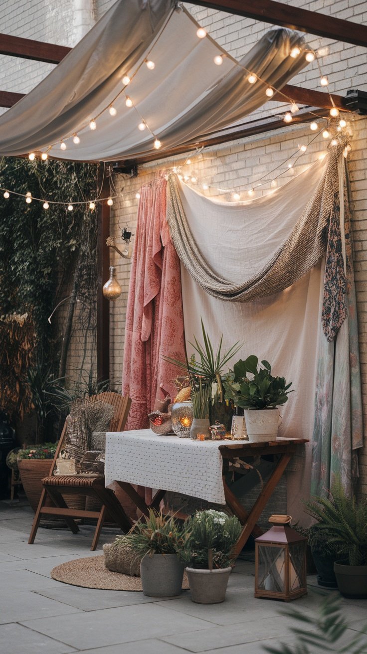 A cozy patio decorated with string lights, colorful fabrics, and various potted plants.